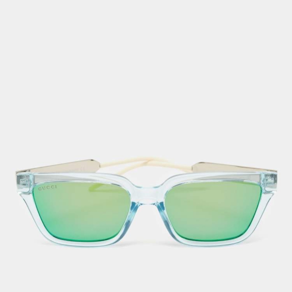 New - Authentic Gucci Light Blue/Metallic Gradient GG0975S Mirrored Square Sun…